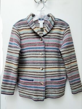 CLC 100% Wool Multicolor Striped Knit Jacket Patch Pockets Sz Small Boho Tribal